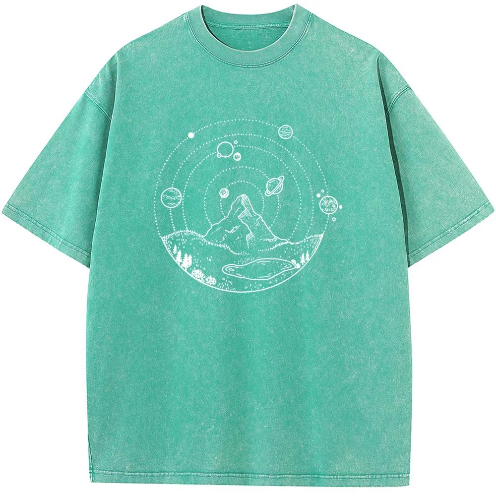 Mountain Print Unisex Washed T-Shirt Novelty Summer Bleached Tshirt Funny Casual Loose Bleach Tops Tee