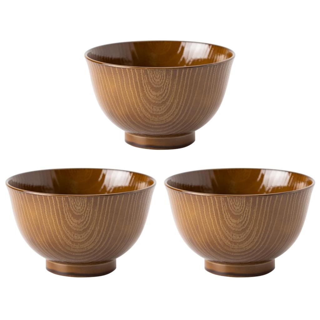 Asahi Koyo Feathered Wood Glossy Set of Dishwasher and Microwave Made in Bowls, Grain, Brown, 3, Safe, Japan, AZ23-12