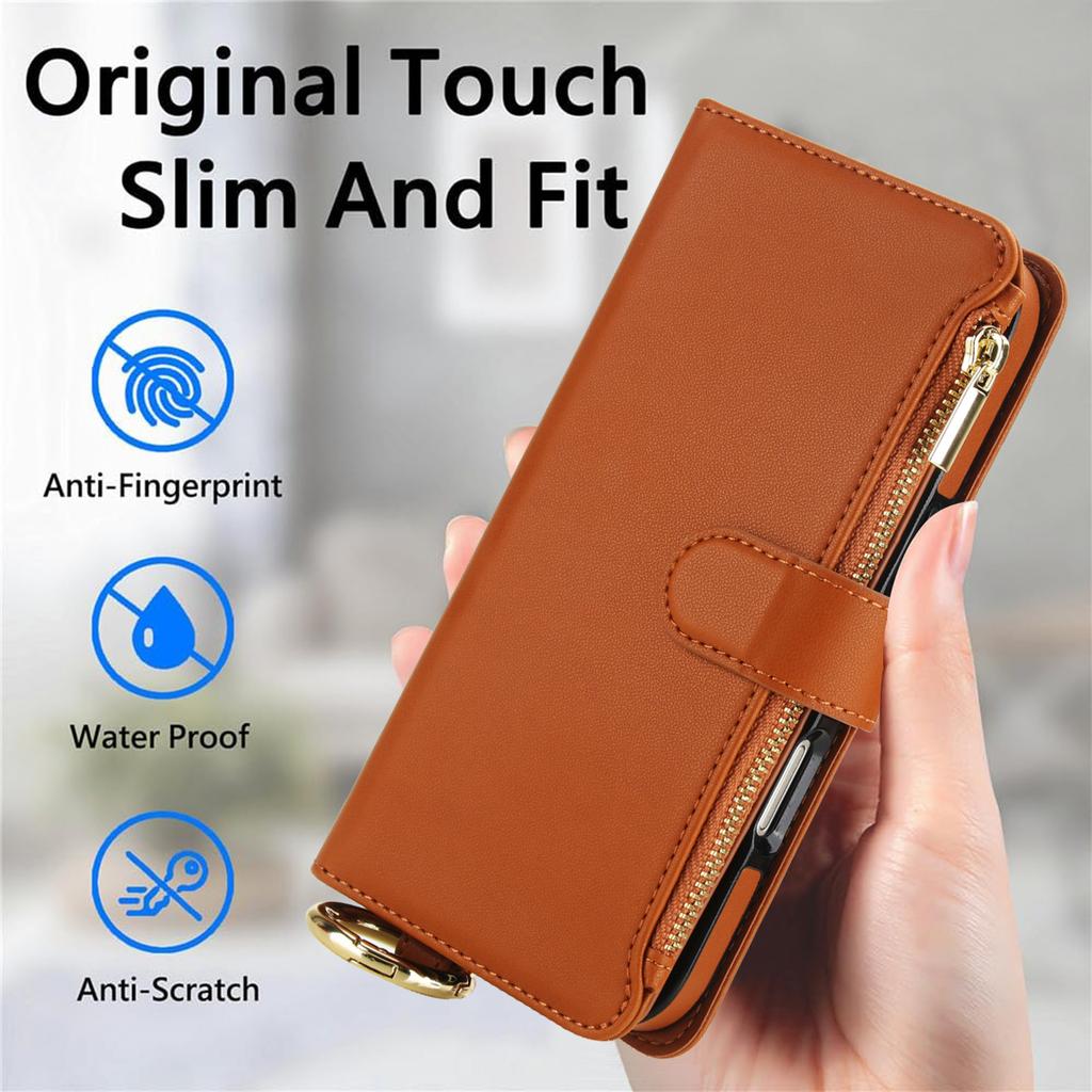 Reißverschluss Umhängetasche Geldbörse Handyhülle für iPhone 17 Pro Max Samsung S26 Ultra, Leder Klapp-Kartenhalter Hülle mit Handgelenkschlaufe