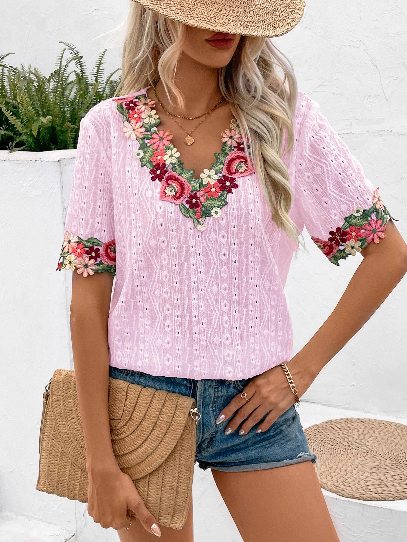 

Women s V-Neck Short Sleeve Blouse with Floral Embroidery, Lace Knit Texture, Casual Summer Tops in White, Pink, Red, Black XL рожевий