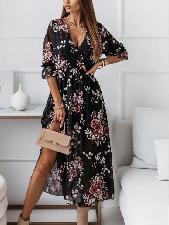 Europäisches & Amerikanisches Damen V-Ausschnitt Blumen Chiffon Kleid - Figurbetont mit Seitenschlitz, 2026 Kollektion