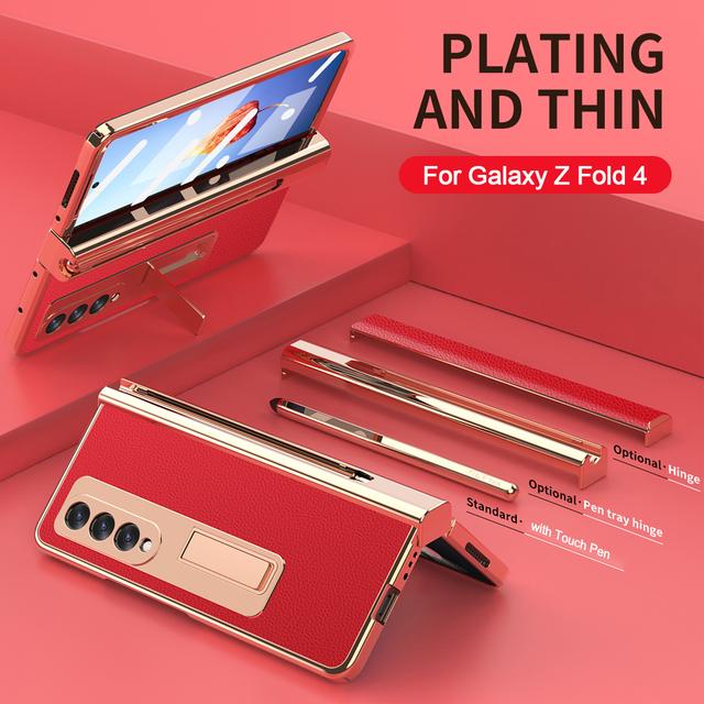2 Pcs Hinge Capa For Samsung Z Fold 4 5g Case Plating Touch Pen Slot Front Screen Glass Stand For Galaxy Z Fold 4 Fold4 Cover