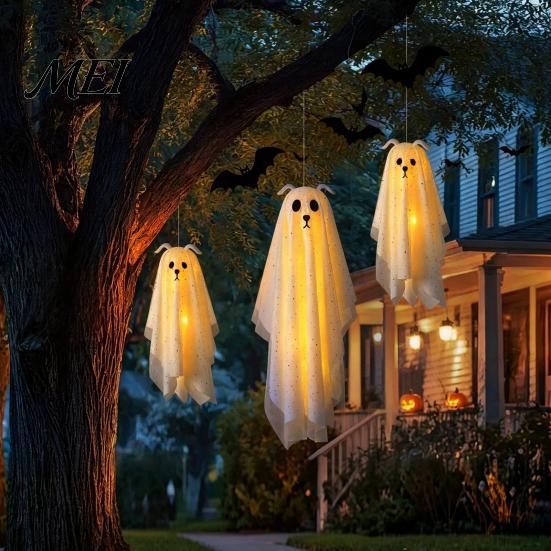 Playful Ghost for Indoor Parties 3 Pcs Lighted Dog Hanging Ornaments, Spooky Halloween Outdoor Flying Floating Decor Gauze with LED Light Tree