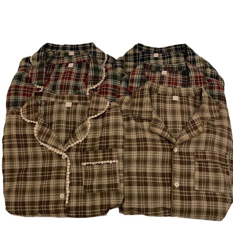 Japanese & Korean Style Couple's Plaid Lace Long-Sleeve Pajama Set