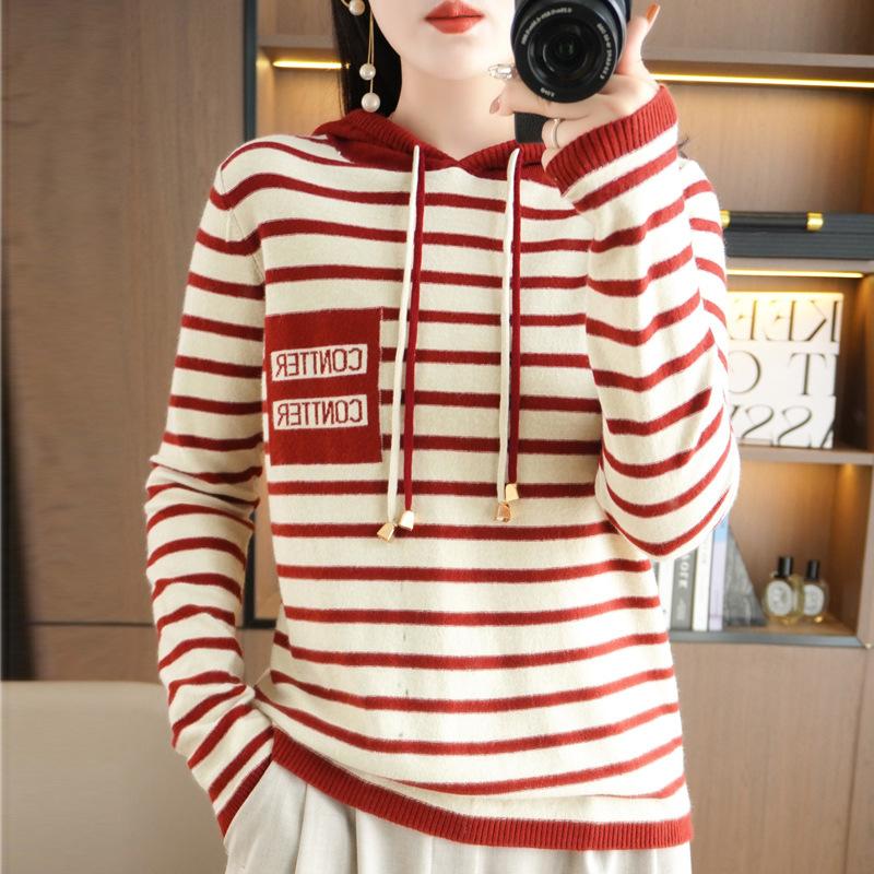 Hooded Striped Knitted Sweater Women's Autumn and Winter New Loose Casual Color Matching Sweater Wearing Striped Sweater
