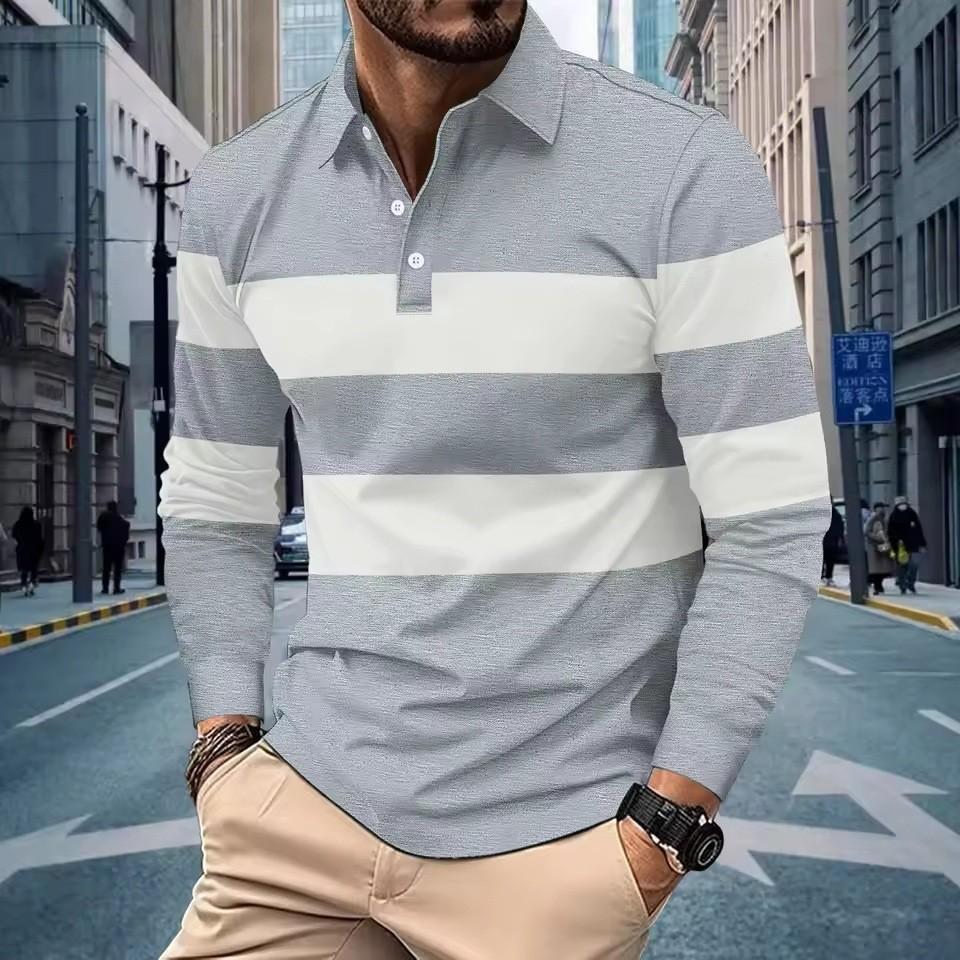 Men's Black‑White Striped Long Sleeve Polo Shirt Lapel Button Casual Slim Fit Daily Tops for Men