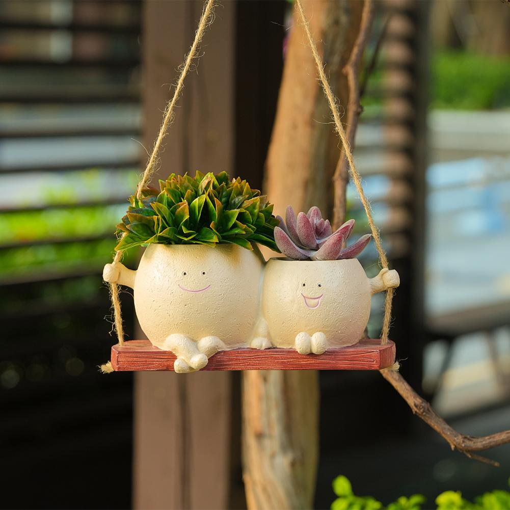 Cute Smiley Face Hanging Planter Resin Smiley Face Couple Planter Pot Creative Hanging Flower Pot For Indoor Outdoor Plants
