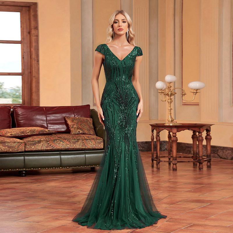 European and American New Style Slim Fit Fishtail Sequin Dress Long Bridesmaid Banquet Evening Dress Women's Party Dress Blue