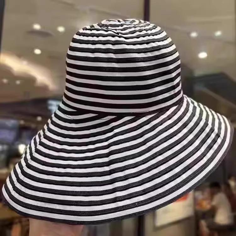 Korean Foldable Striped Bucket Hat for Women – Summer Sun Protection, Large Head Circumference