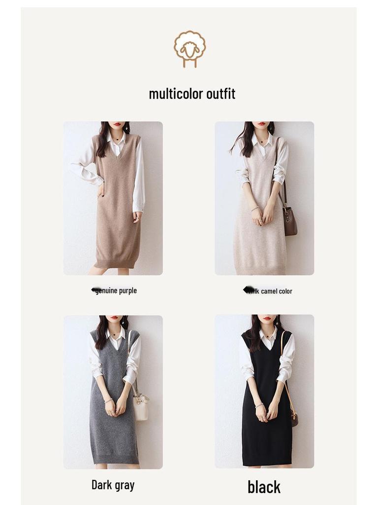 Women's 100% Wool V-Neck Sleeveless Knitted Vest Dress - Long Cardigan Style
