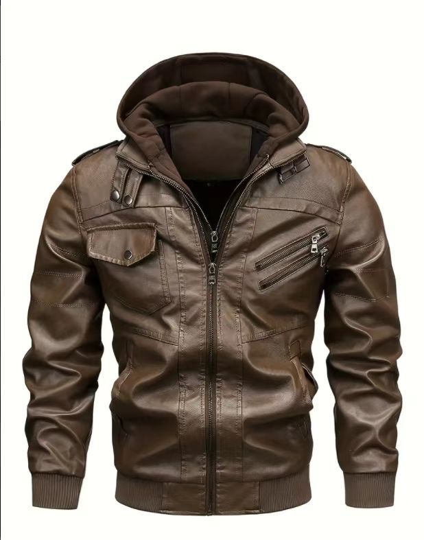 Hooded leather jacket men's fashion trend locomotive leather jacket large size middle-aged and young jacket hat detachable casual jacket pu