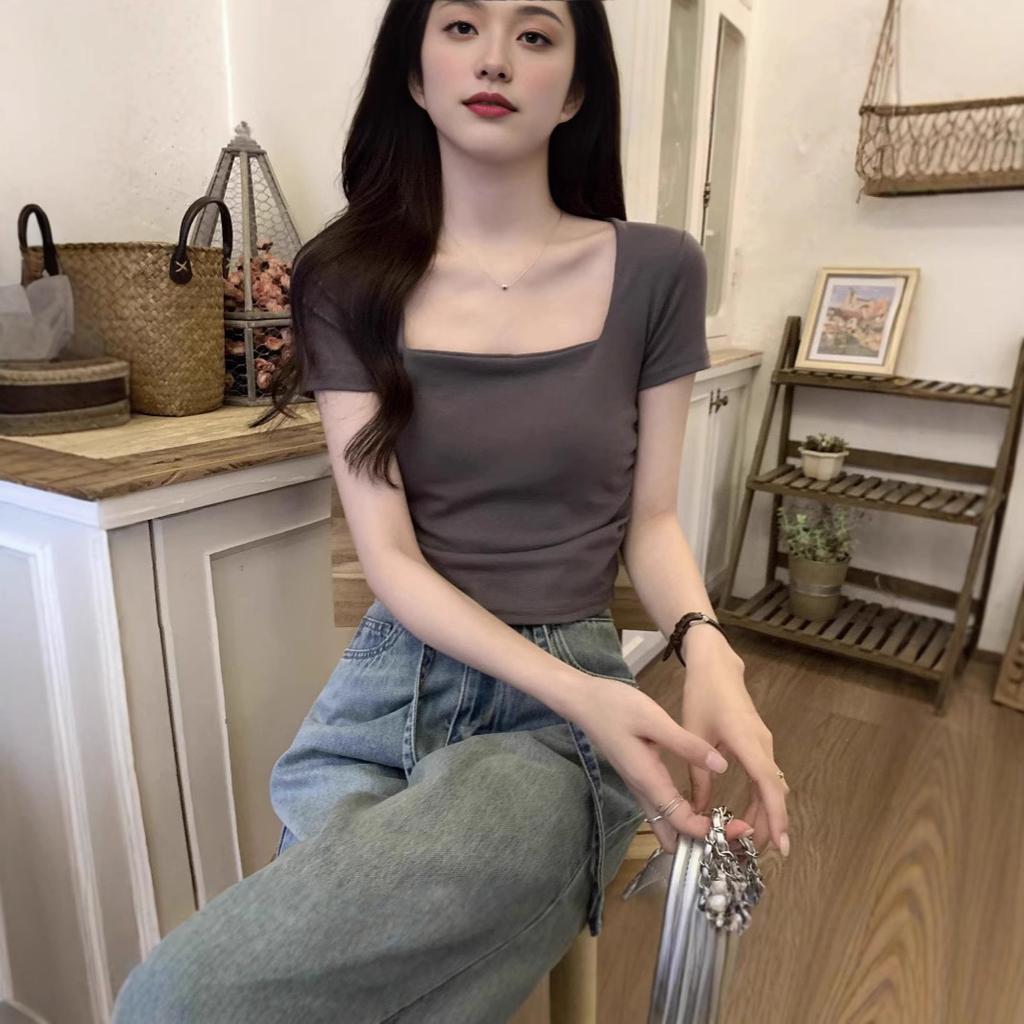 Korean Temperament Square Collar Pleated Design Short-sleeved T-shirt Women's Summer New Slim-fit Niche Short Top