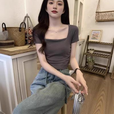 Korean Temperament Square Collar Pleated Design Short-sleeved T-shirt Women's Summer New Slim-fit Niche Short Top