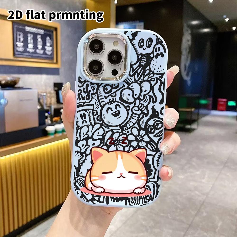Phone Case: 2D flat design suitable for iPhone 18 17 16 15 14 13 Pro protective case, couple style, sleeping chubby orange cat, Christmas and Hallowee