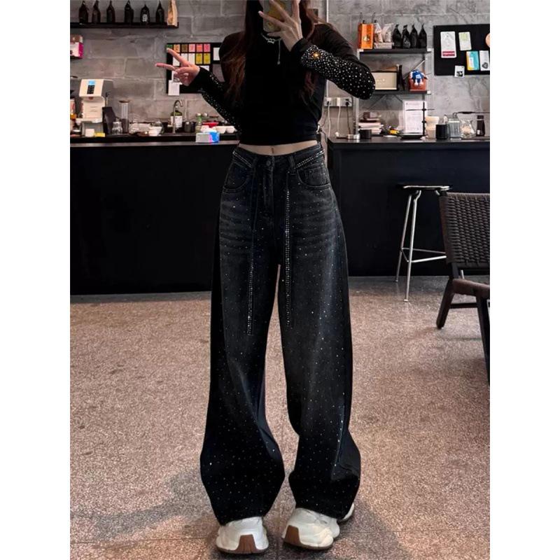 

Джинсы со стразами больших размеров для женщин: Осенняя высокая талия, стройнящий, прямой и широкий крой для фигуры типа «груша». L