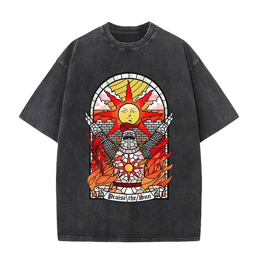 Washed Vintage Game Dark Souls Tshirt Men Women S Retro Gothic Rock Short Sleeve Tshirts Mens Punk Oversized Cotton T Shirt