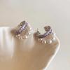 Women's Silver Needle Purple Cubic Pearl Double Ring Earrings