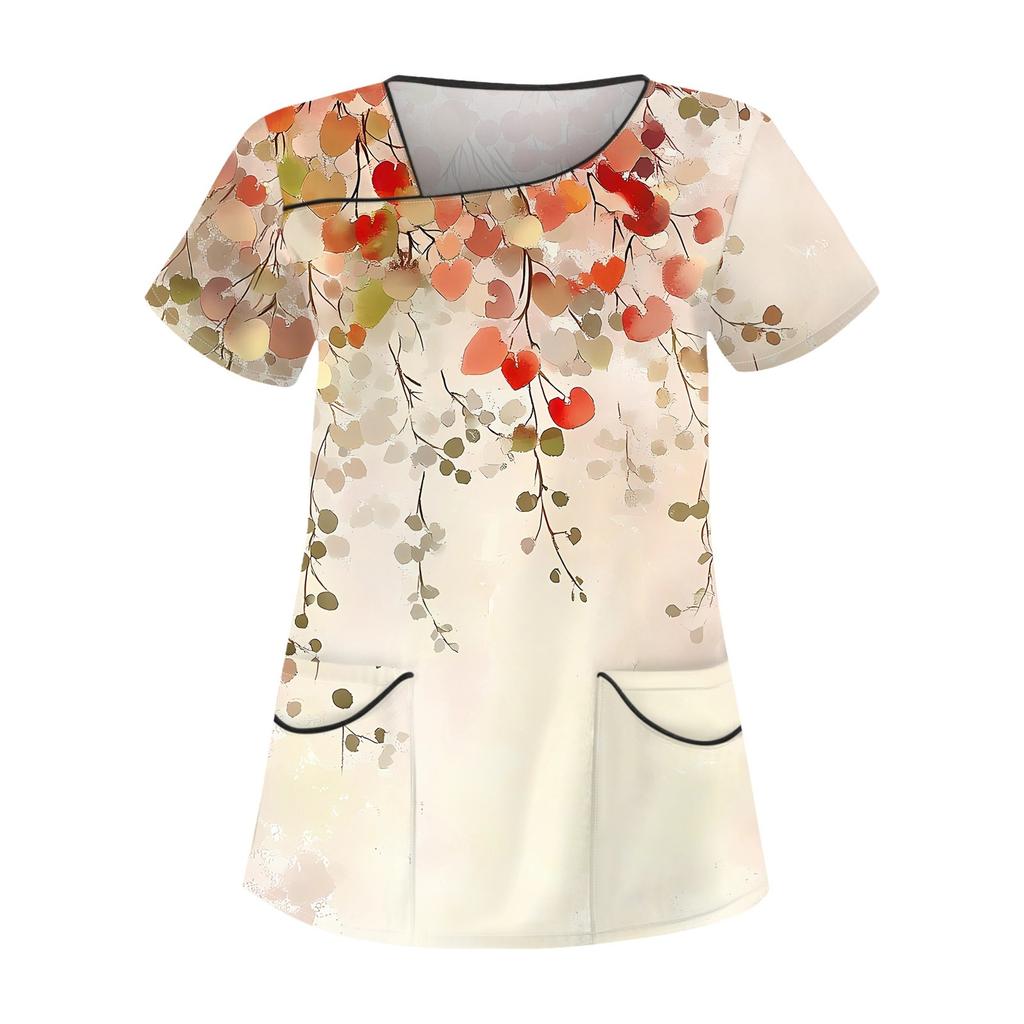 Damen-Arbeitsoberteil mit lässigem Print, kurzen Ärmeln, schrägem Kragen und Doppeltaschen