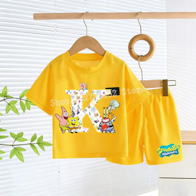 SpongeBobs T-shirt Shorts Set Kids Cute Letter A-Z Tees Pants Children Summer Outdoor Sports Short Sleeve Trousers Boy Girl Gift
