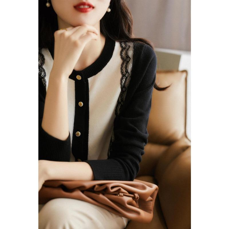 Spring Autumn Round Neck Lace Patchwork Single Breasted Knitting Coat Women Long Sleeve Cardigan Top
