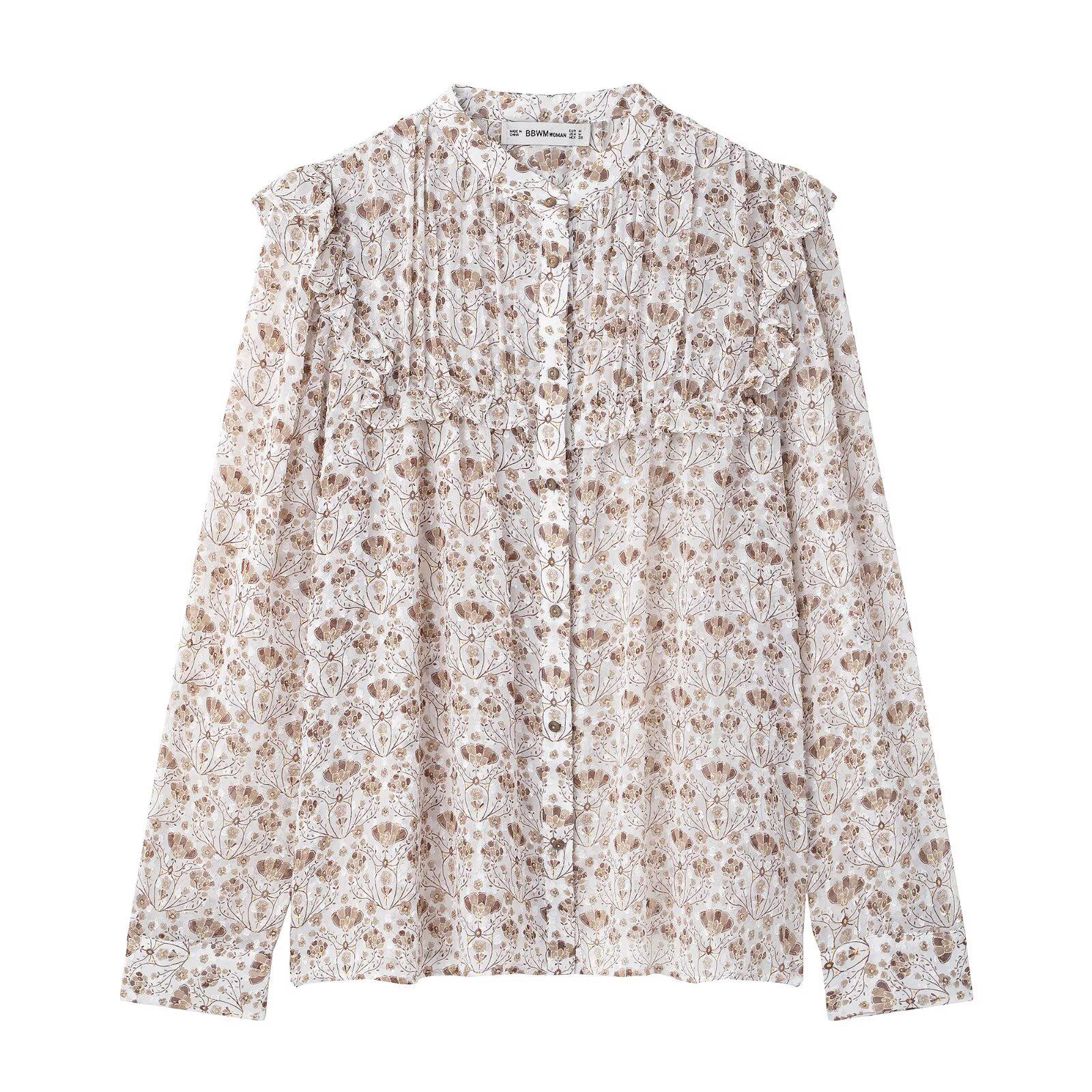 

2025 Весна Женская Блузка в Европейском и Американском Стиле из Тюля с Принтом и Длинным Рукавом Large