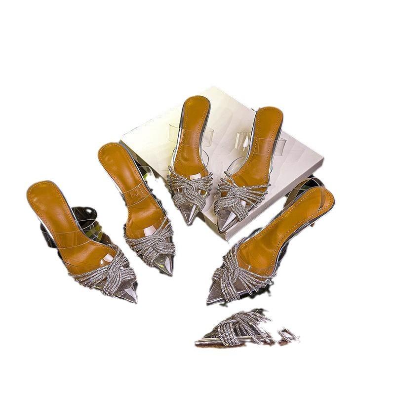 2025 Sommer neue Internet-Berühmtheit spitz transparent Strass dünner Absatz Tasche Kopfschmuck Halbschlappen europäisch-amerikanische High Heel Damen Sandalen