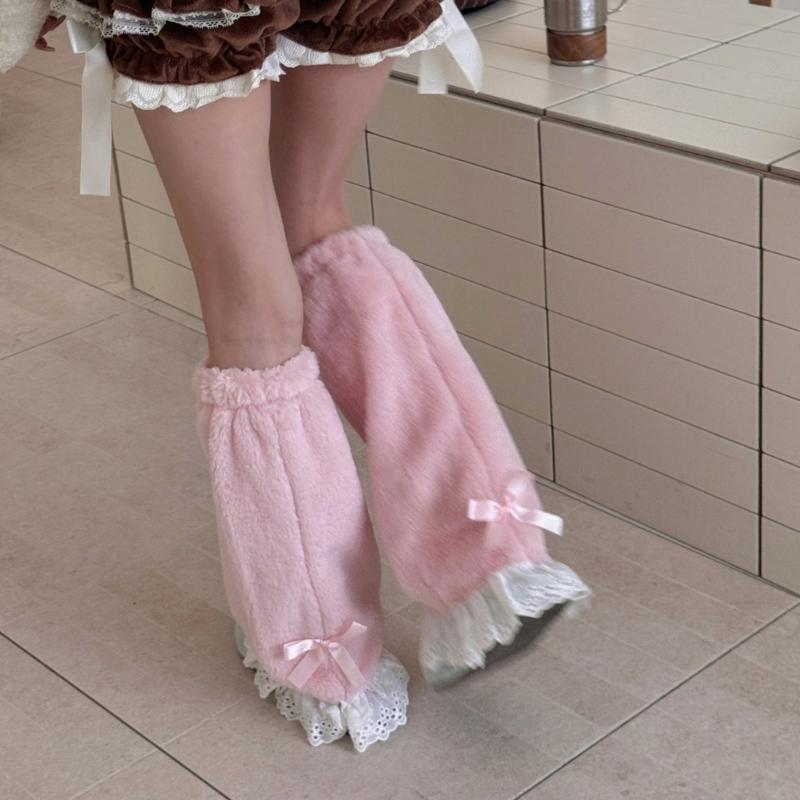 Elegant Ruffle Lace Trimmed Leg Sleeves Fleece Plush Cold Weather Essential Leg Warmers For Women's Fashion Long Socks