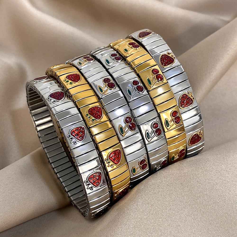 316L Stainless Steel Gold Color Strawberry Cherry Elastic Bangle Bracelet For Women Men Statement New Trend Wrist Zircon Gift