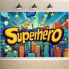 1 piece of superhero-themed background fabric, featuring colorful city scenes and star patterns