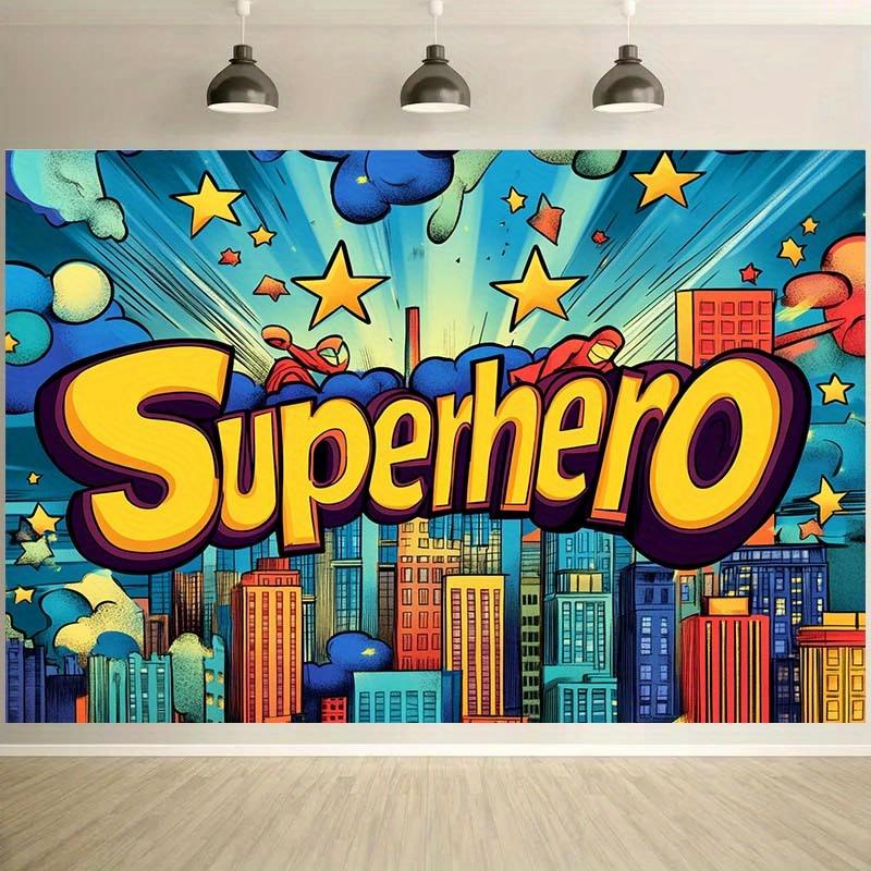 1 piece of superhero-themed background fabric, featuring colorful city scenes and star patterns