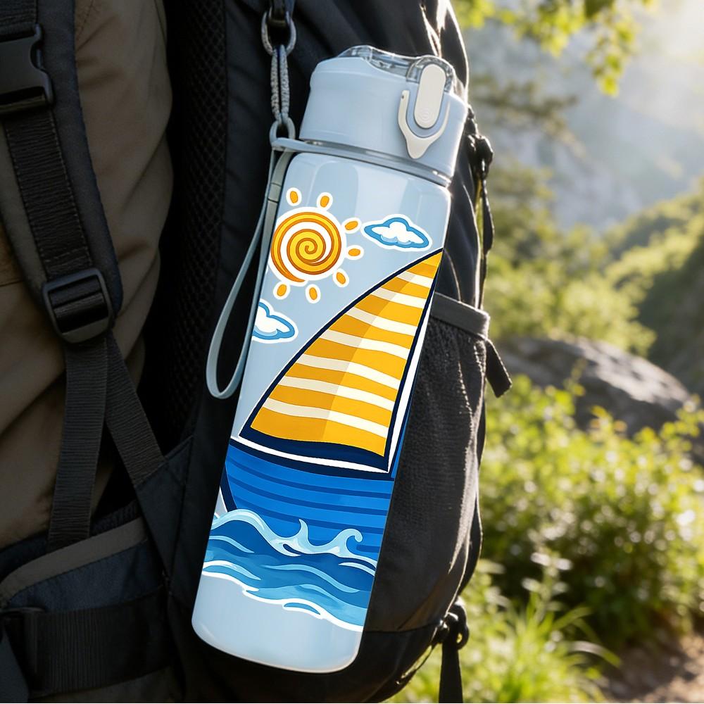 1PC Sailboat Ocean Sunny Scene Print 750ml Color Plastic Sports Water Bottle Leakproof Flip Straw Lid Suitable for Sports Office Home Use