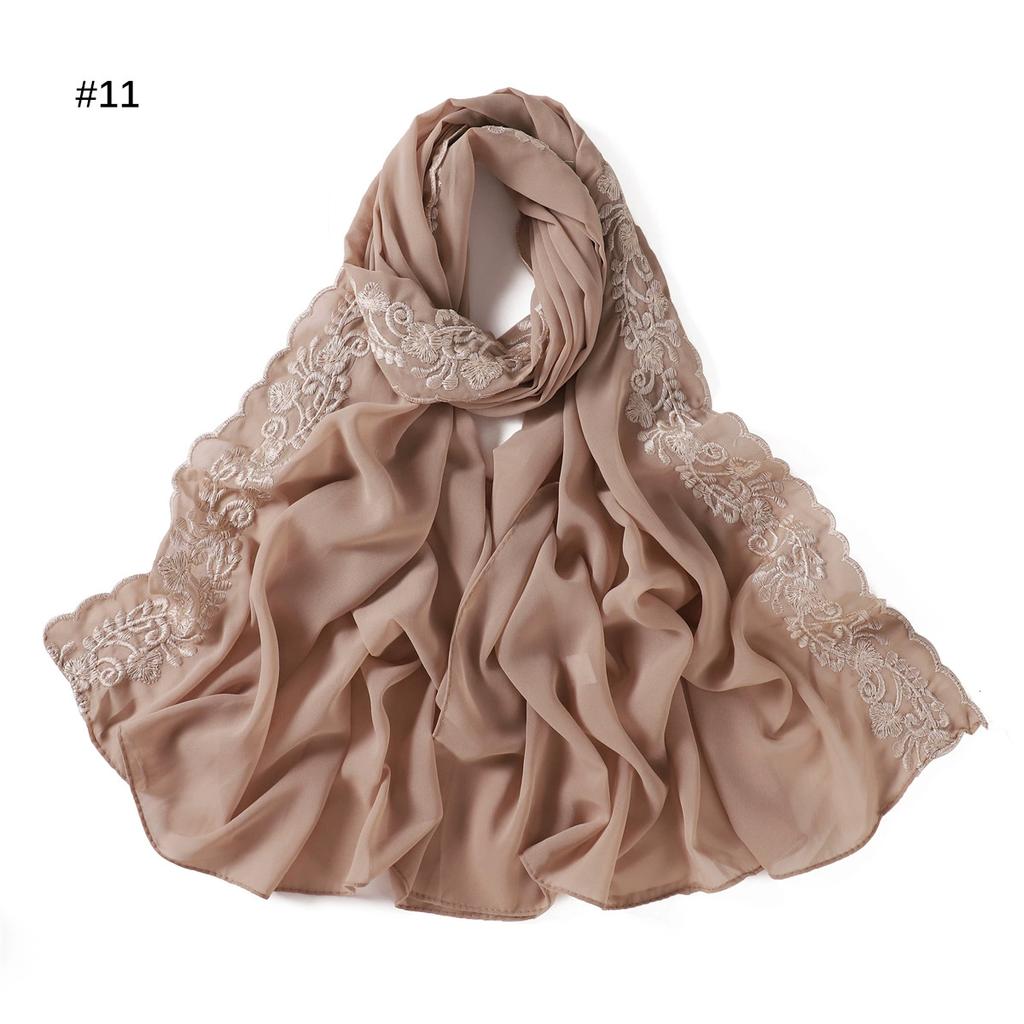 Embroidery Lace Chiffon Hijabs For Women Vine Heavy Pearl Industry Edge Long Scarf Light Scarf Headscarf Shawl Turban Ramadan