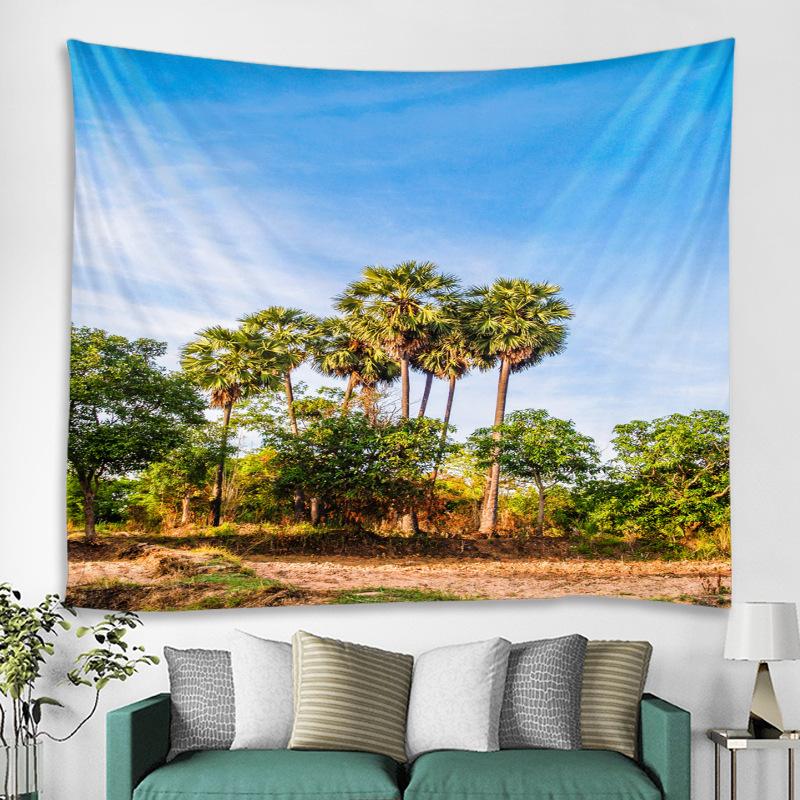 Tropical Palm Tree Tapestry Sunset Beach and Forest Landscape Wall Hanging Living Room Bedroom Decoration 100X70CM