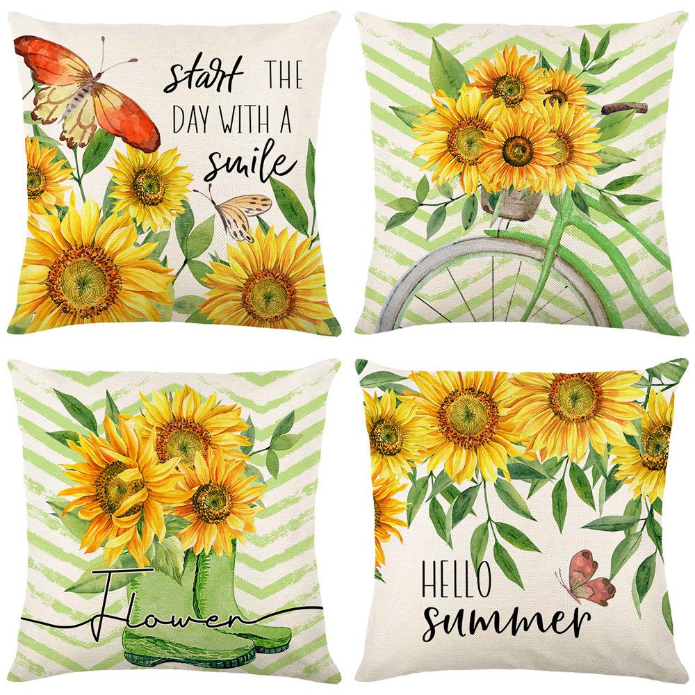 New Summer Yellow Sunflower Flower Print Linen Pillow Cover Pillow Cushion Premium Durable Quality Useful Practical