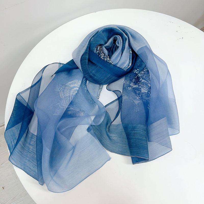 Spring And Autumn Retro Silk Wool Scarf Blue Gradual Change Imitation Blue Dye Batik Ethnic Style Shawl Warm Silk Scarf Women