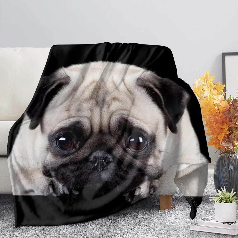 Flannel Blanket Cute Animal Pug Dog Soft Warm Fall Sofa Fleece Throw S for Bed  Couch  King Size Lightweight