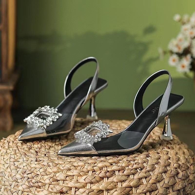 Summer New Versatile Soft Leather Rhinestone Square Buckle High Heels Femininity Super Soft Pure Desire Full Diamond Women's Sandals