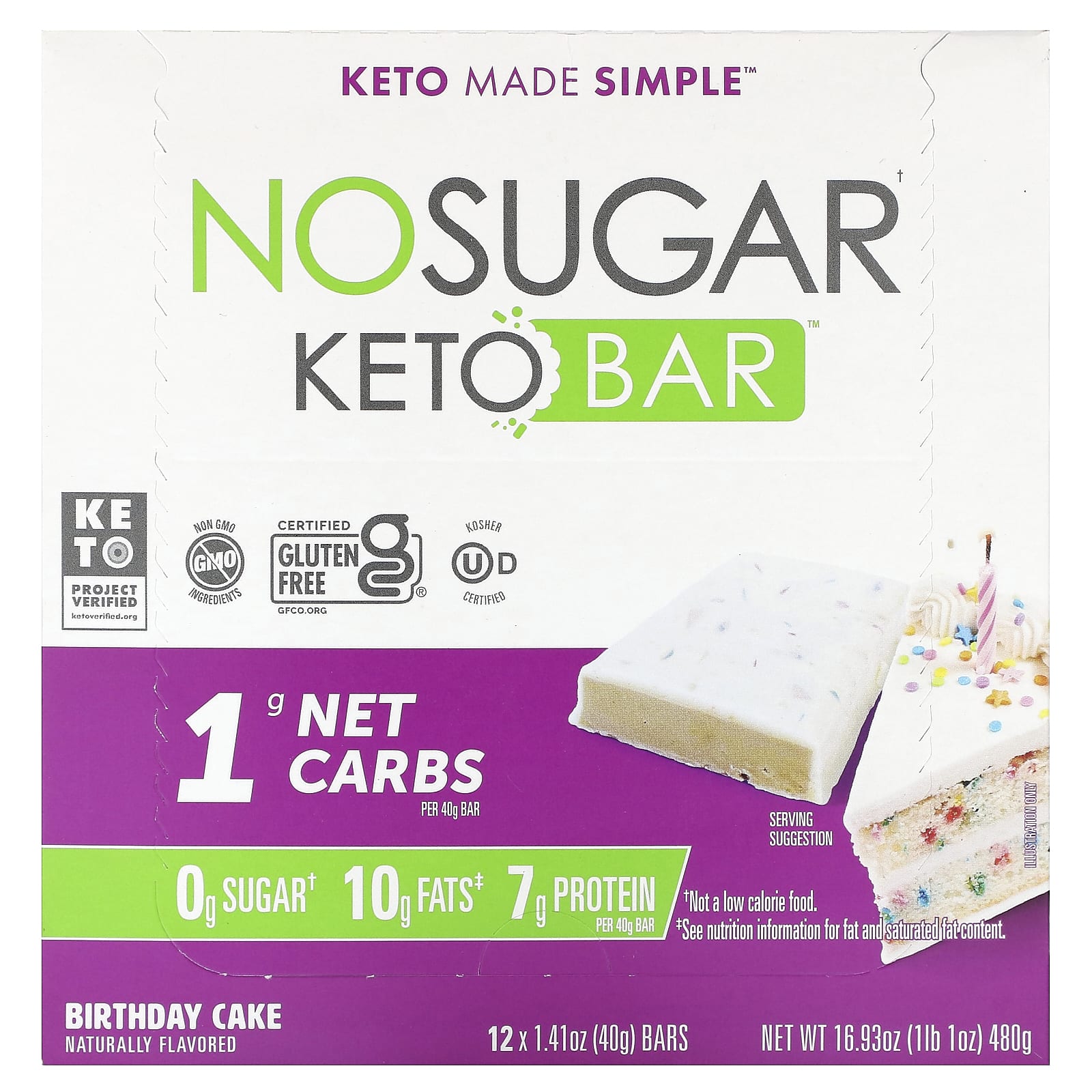 

No Sugar Company, Keto Bars, Birthday Cake, 12 Bars, 1.41 oz (40 g) Each