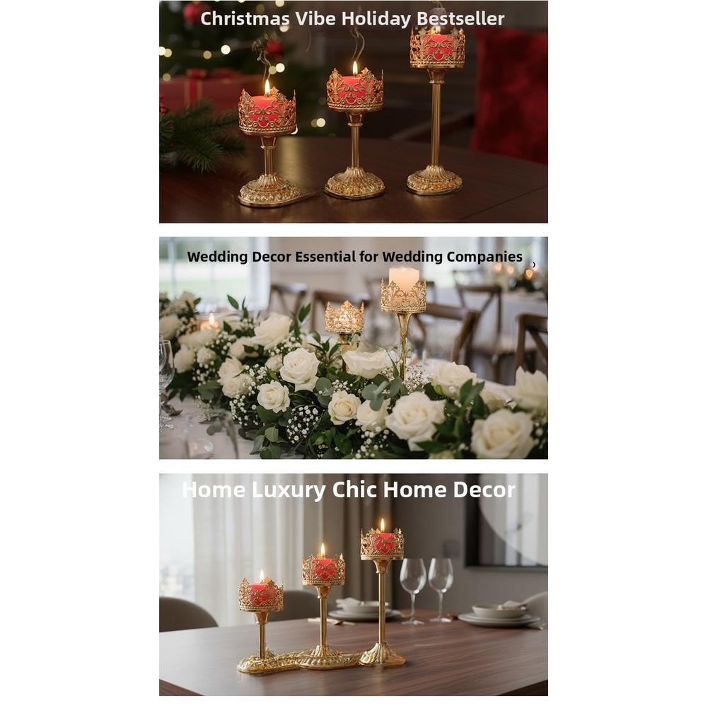 3 Piece Gold Hollow Crown Candle Holder European Style Iron Electroplated Finish For Living Room Dining Wedding Party Decor