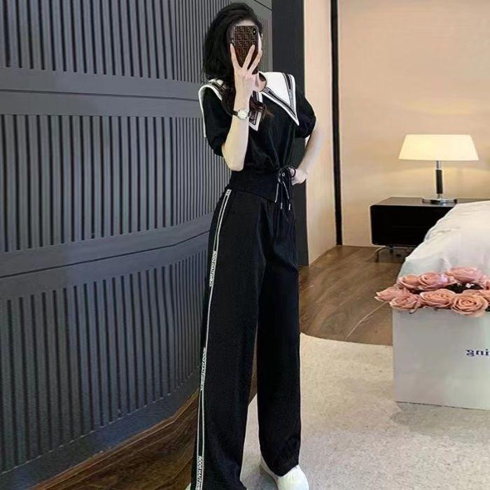 

Athleisure Suit Women s Summer Fashion Navy Collar Short-sleeved Wide-leg Pants Two-piece Set L чорний