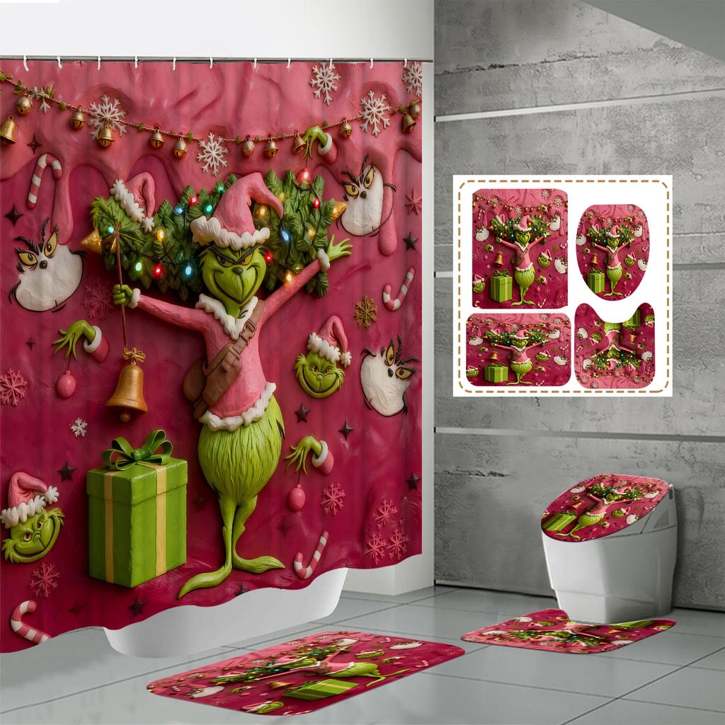 4PCS Shower Curtain Sets With Shower Curtain And Rugs Toilet Lid Rug U Shape Mat And Bath Mat Bathroom Set With 12 Hooks