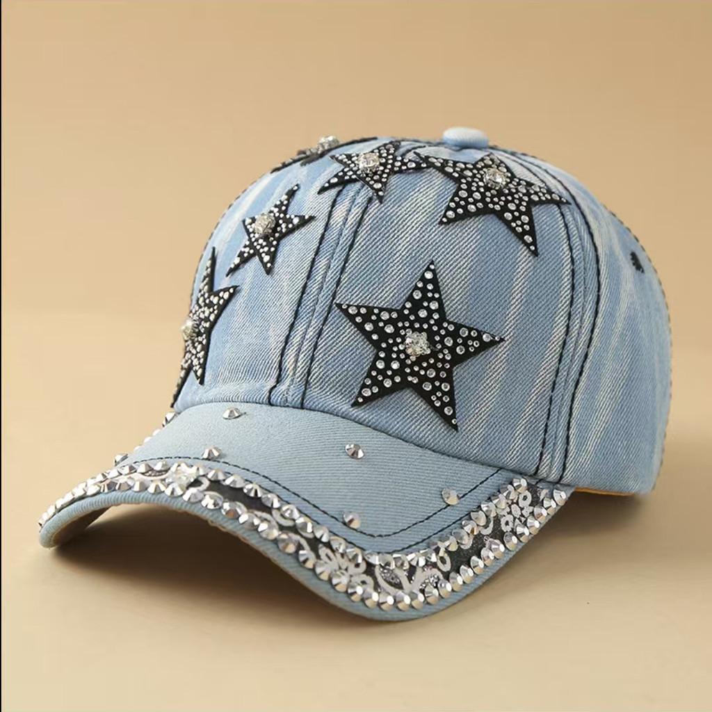 Artificial Pearls And Rhinestones Denim Cap With Sun Protection And Windproof Features For Women