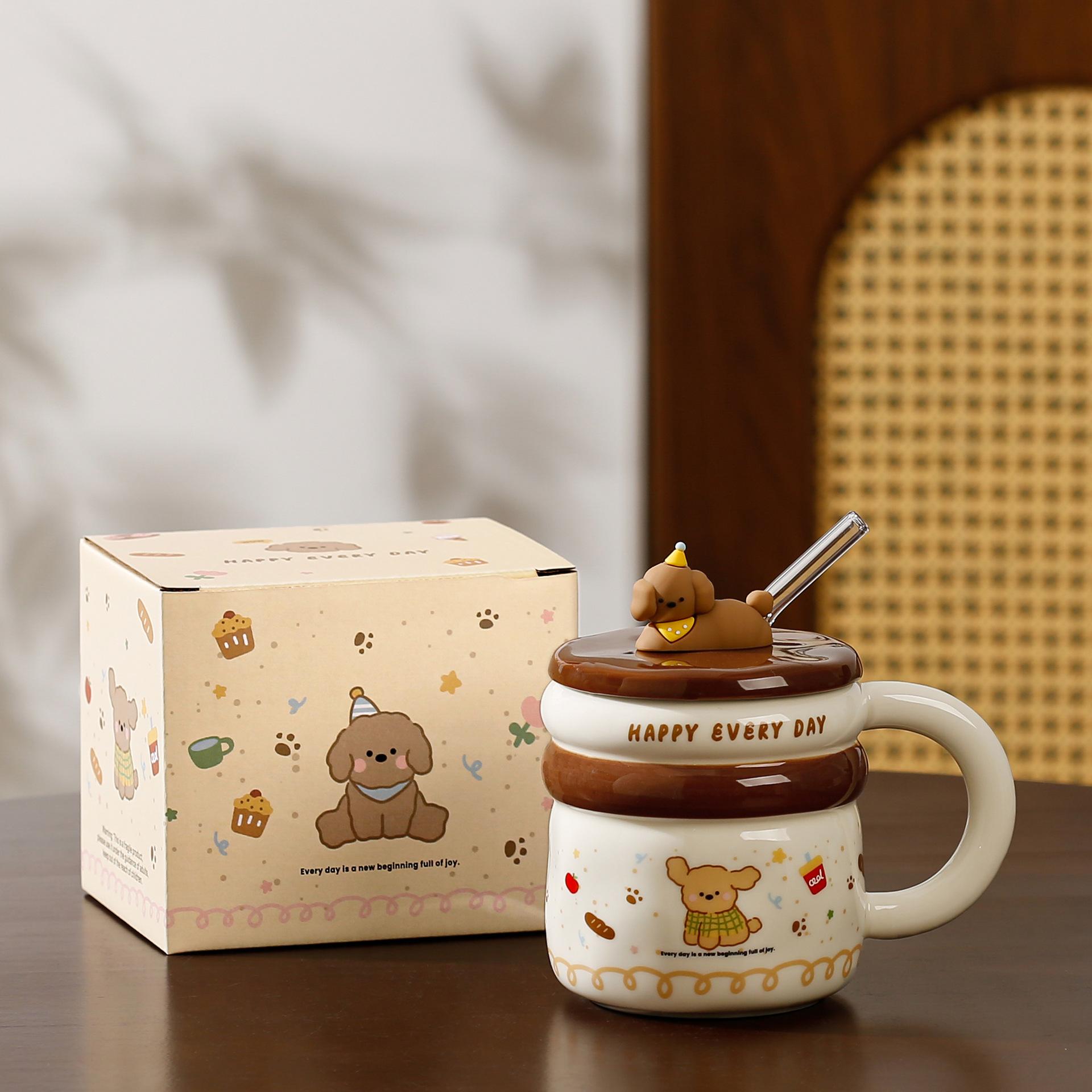 

Puppy Mug with Lid Cute Straw Cup High Value Large Capacity Water Cup Set Dustproof Gift Cup ≈450ml