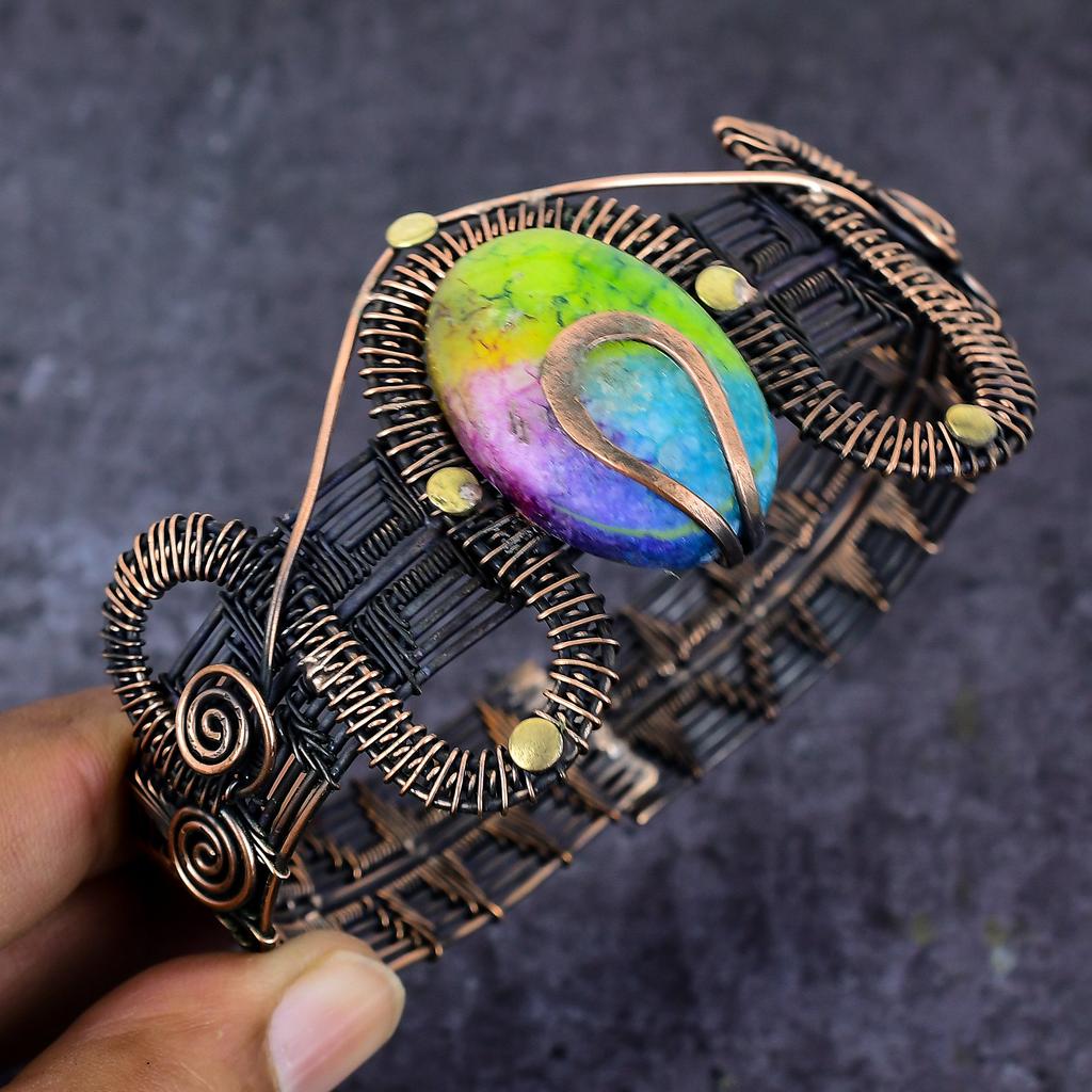 Natural Rainbow Solar Quartz Copper Wire Wrap Cuff Bangle Adjustable ET-4663