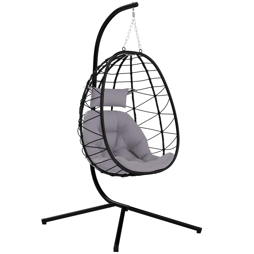 Hanging Egg Chair Outdoor Indoor Garden Swing Chair with Folding Basket, Thickened Cushion, Garden Hanging Chair with Stand, Headrest for Patio