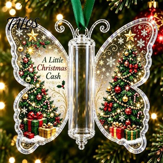 Acrylic Holiday Hanging Decor Butterfly Cash Gift Ornament, Christmas Money Holder with Tree Tags Festive Print, Pendant for Surprise Giving, Keepsake