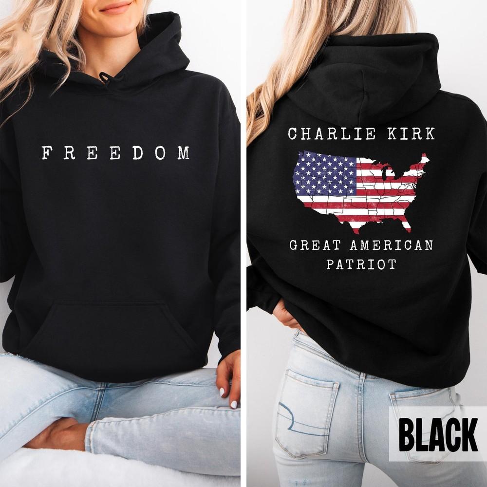 

Great American Patriot Charlie Kirk Freedom Hoodie Two Sided, Turning Point M
