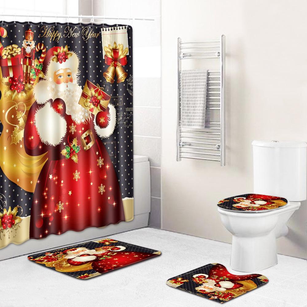 Christmas Shower Curtain Floor Mat Combination Four-Piece Set Bathroom Toilet Carpet Shower Room Mat Foot Mat