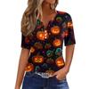 Women's Halloween Printed Loose Fit V Neck Short Sleeve Top with Pocket Casual Blouse for Seasonal Wear and Everyday Comfort
