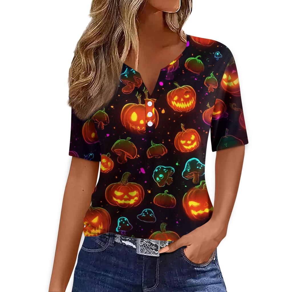 Women's Halloween Printed Loose Fit V Neck Short Sleeve Top with Pocket Casual Blouse for Seasonal Wear and Everyday Comfort